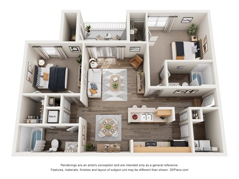Floor plan for 2 beds, 2 baths, 1134 sqft
